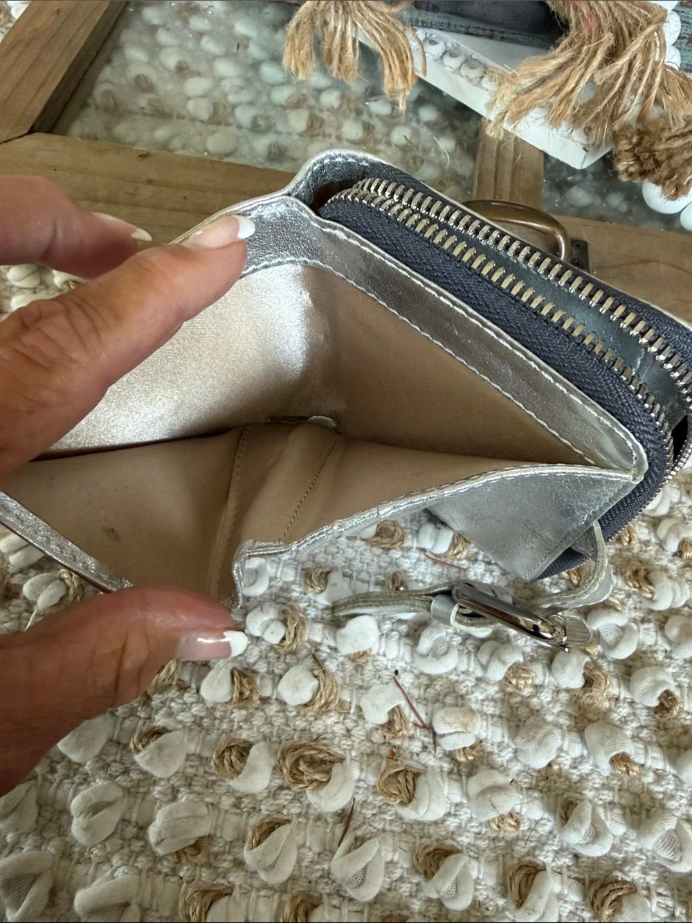 Coffee with milk  Metallic Silver Leather Zip Wallet with Buckle
